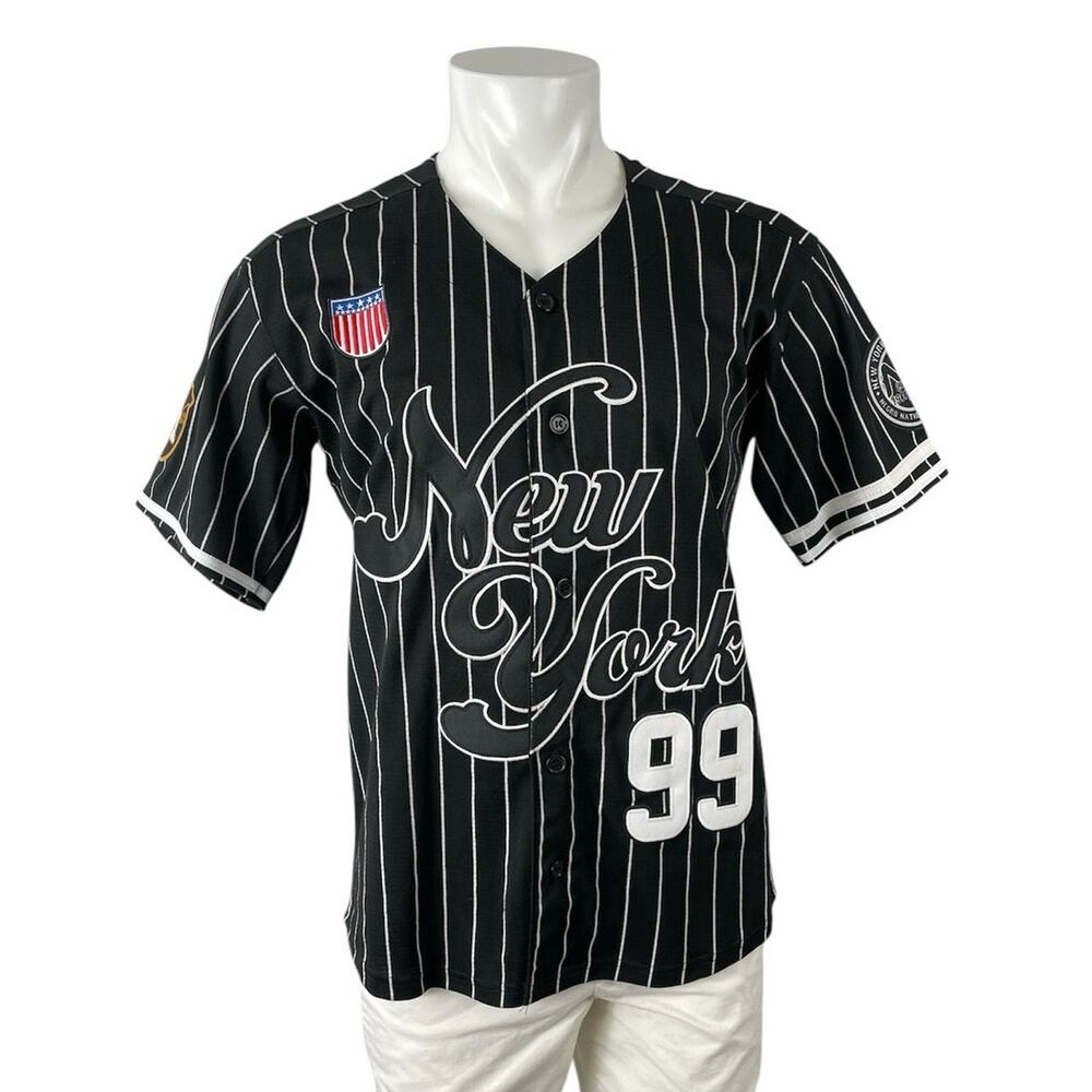 Men's Black White Striped New York 99 Short Sleeve Button Down Jersey Top Size S